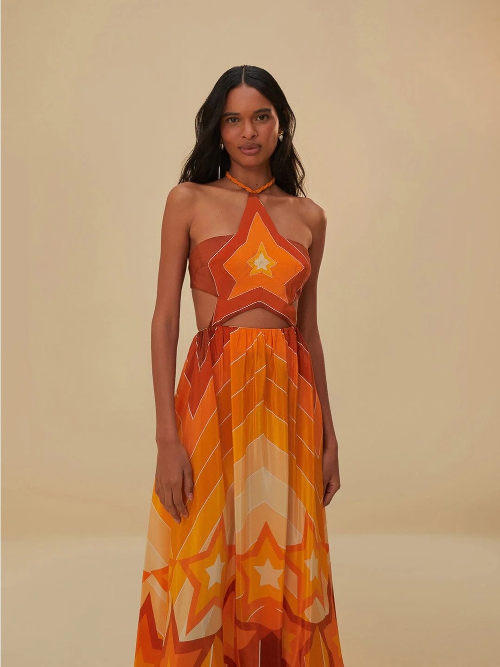NWOT FARM Rio Orange and Yellow Star-Print Halter Maxi Dress - Picture 4 of 15